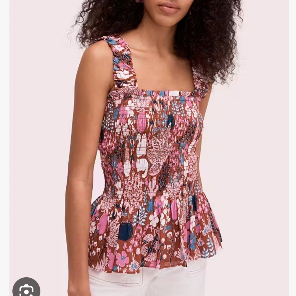 KATE SPADE Smocked Garden Party Floral Peplum Tank Top, Size L